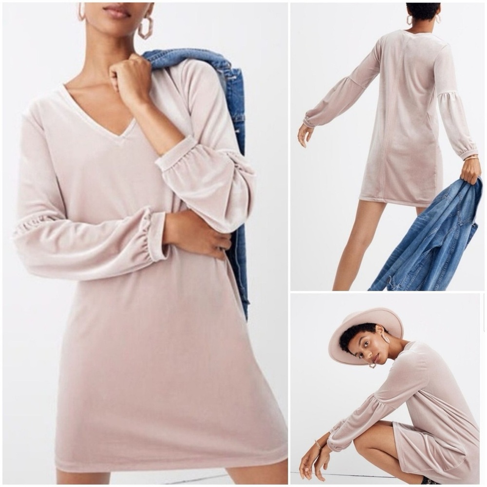 Madewell Velvet Balloon-Sleeve Dress blush long sleeve